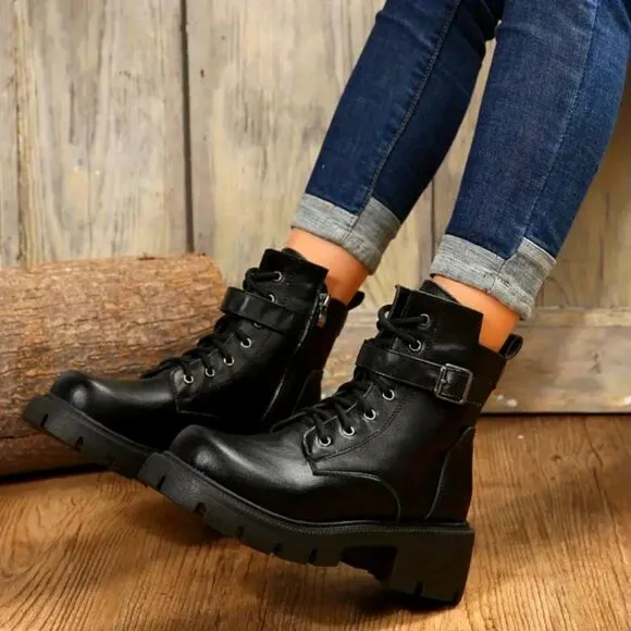Ladies chunky ankle combat boots