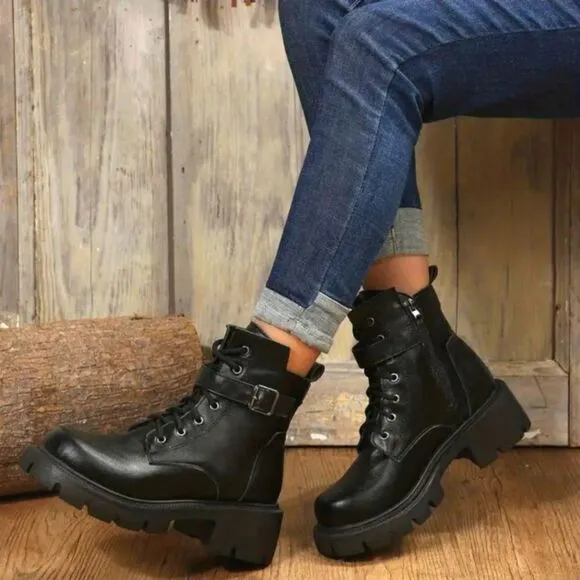 Ladies chunky ankle combat boots