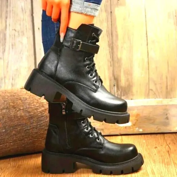 Ladies chunky ankle combat boots