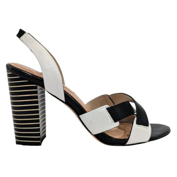 L'AGENCE Contrast Striped Heel Sandals 7.5 Black White Criss Cross Straps