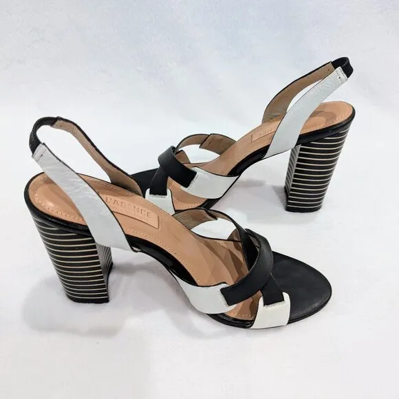 L'AGENCE Contrast Striped Heel Sandals 7.5 Black White Criss Cross Straps