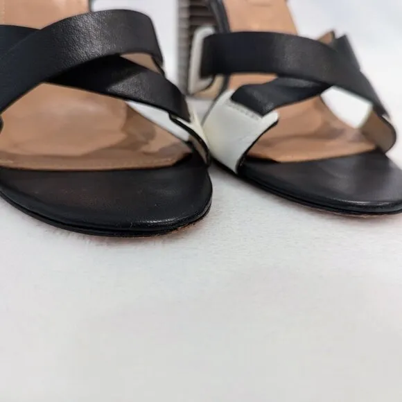 L'AGENCE Contrast Striped Heel Sandals 7.5 Black White Criss Cross Straps