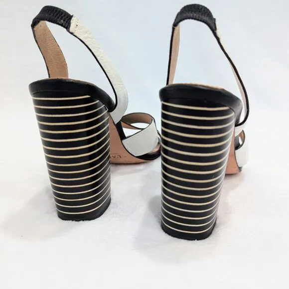L'AGENCE Contrast Striped Heel Sandals 7.5 Black White Criss Cross Straps