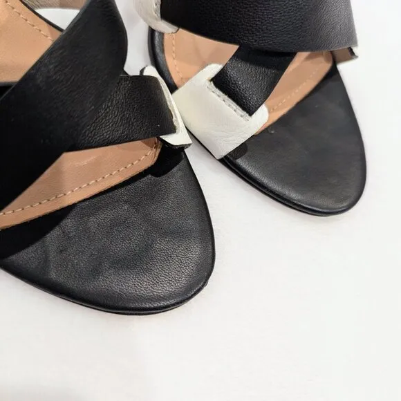 L'AGENCE Contrast Striped Heel Sandals 7.5 Black White Criss Cross Straps