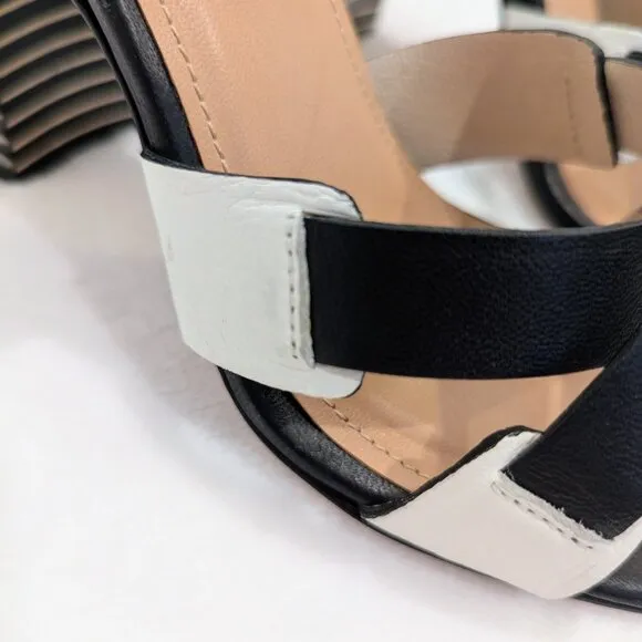 L'AGENCE Contrast Striped Heel Sandals 7.5 Black White Criss Cross Straps