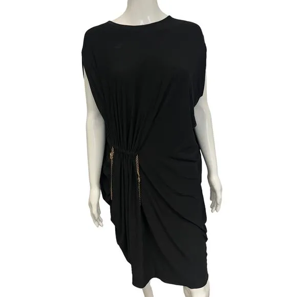 LANVIN Black Draped Chain Accent Boat Neck Midi Kaftan Dress EU 40 US 8