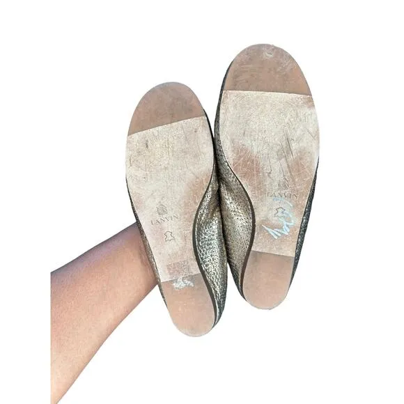 Lanvin Silver Career Business Work Lizard Embossed Slip On Ballet Flats Size 6