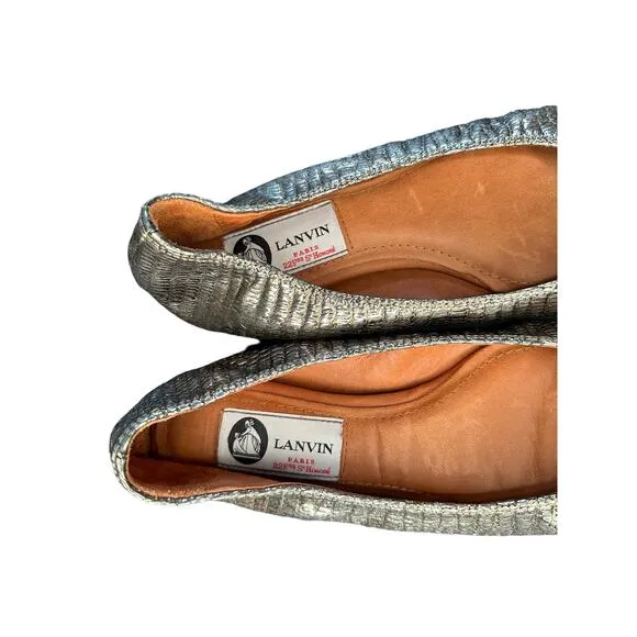 Lanvin Silver Career Business Work Lizard Embossed Slip On Ballet Flats Size 6
