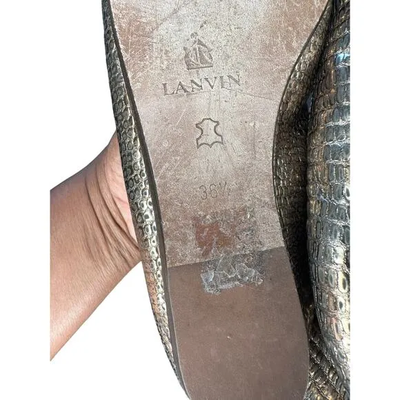 Lanvin Silver Career Business Work Lizard Embossed Slip On Ballet Flats Size 6