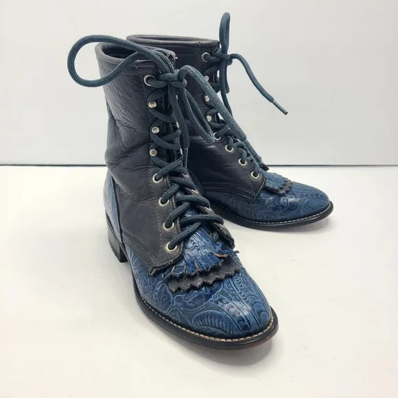 Laredo Boots Kiltie Lace Up Roper Gray Blue Leather Western Sz 6.5 Steampunk