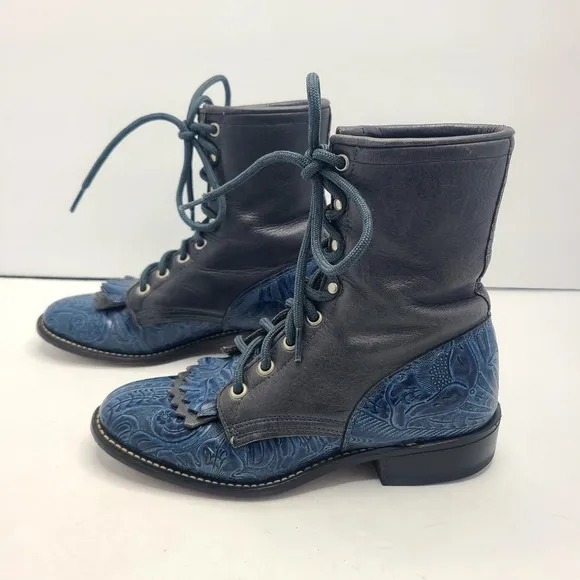 Laredo Boots Kiltie Lace Up Roper Gray Blue Leather Western Sz 6.5 Steampunk