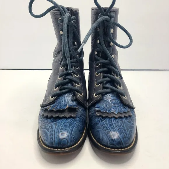 Laredo Boots Kiltie Lace Up Roper Gray Blue Leather Western Sz 6.5 Steampunk