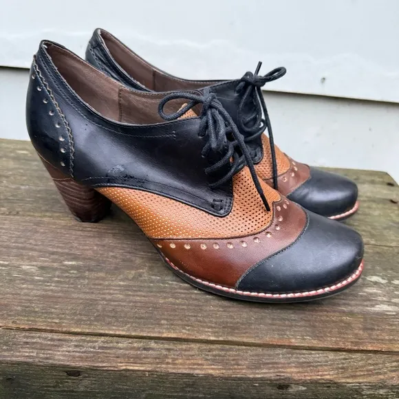 L'Artiste Spring Step Bardot derby Oxford leather colorblock heel 40 brown black