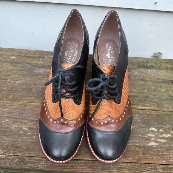 L'Artiste Spring Step Bardot derby Oxford leather colorblock heel 40 brown black