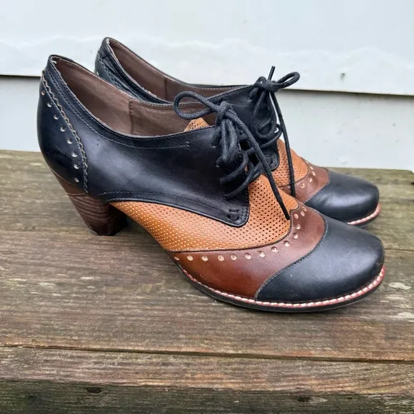 L'Artiste Spring Step Bardot derby Oxford leather colorblock heel 40 brown black