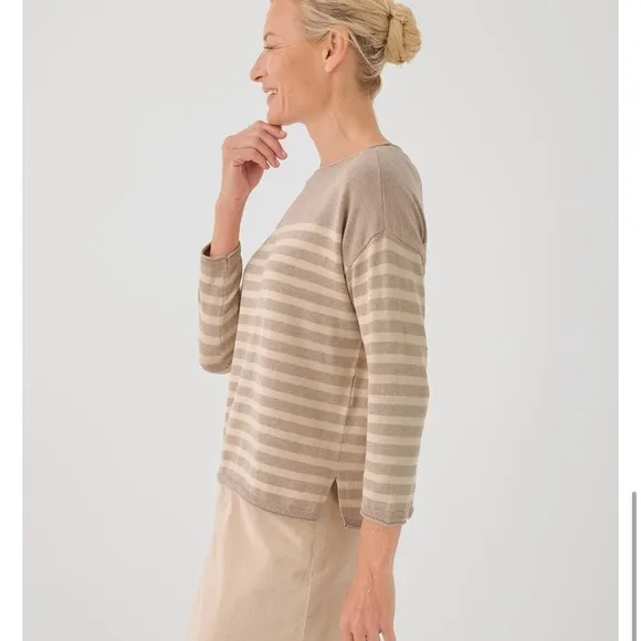 LAST ONE! NWT Pact XL 100% Organic Cotton Classic Fine Knit Gray Stripe Sweater