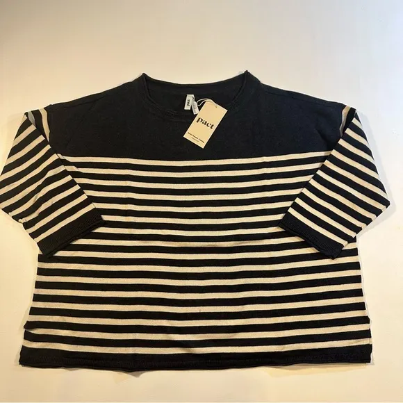LAST ONE! NWT Pact XL 100% Organic Cotton Classic Fine Knit Gray Stripe Sweater