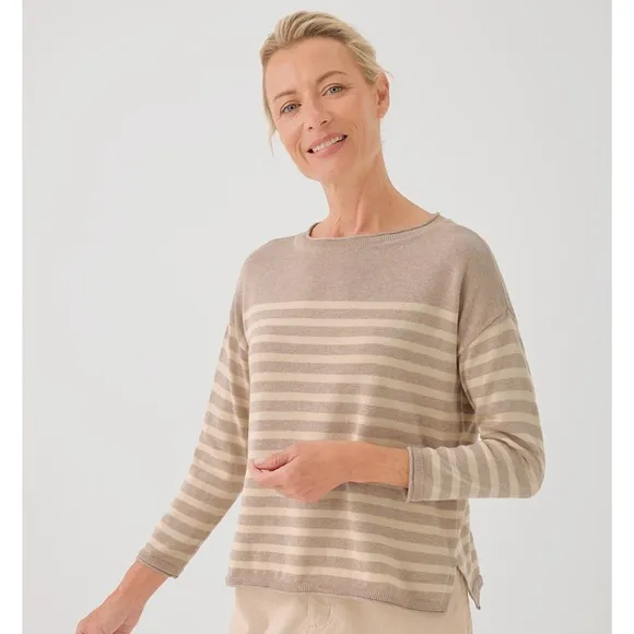 LAST ONE! NWT Pact XL 100% Organic Cotton Classic Fine Knit Gray Stripe Sweater