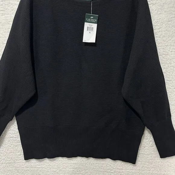 Lauren Ralph Lauren Black Boat Neck Rib Knit Trim 3 Button Placket‎ Size XL NWT