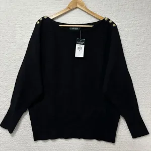 Lauren Ralph Lauren Black Boat Neck Rib Knit Trim 3 Button Placket‎ Size XL NWT