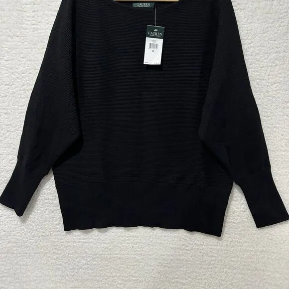 Lauren Ralph Lauren Black Boat Neck Rib Knit Trim 3 Button Placket‎ Size XL NWT