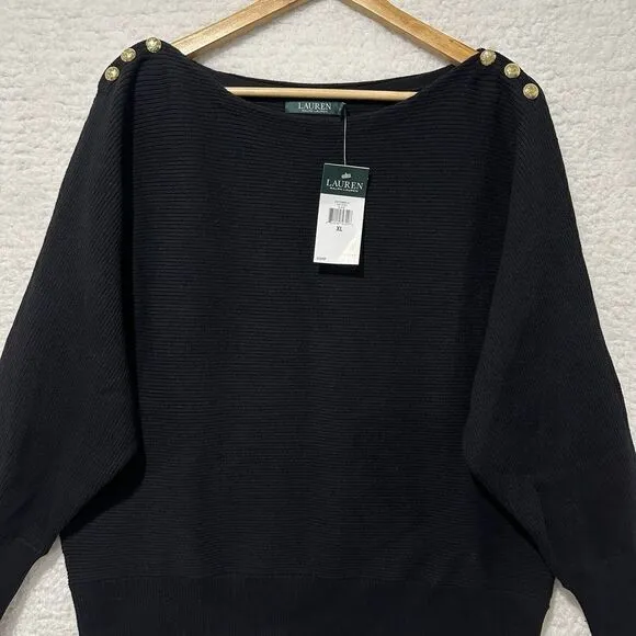 Lauren Ralph Lauren Black Boat Neck Rib Knit Trim 3 Button Placket‎ Size XL NWT