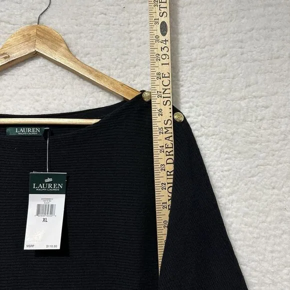 Lauren Ralph Lauren Black Boat Neck Rib Knit Trim 3 Button Placket‎ Size XL NWT