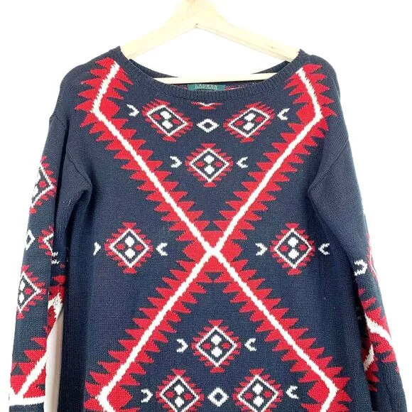 LAUREN RALPH LAUREN BOHO Colorful Tribal Knit Aztec Sweater Size XS