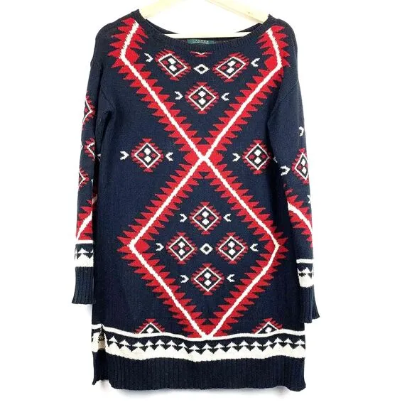 LAUREN RALPH LAUREN BOHO Colorful Tribal Knit Aztec Sweater Size XS