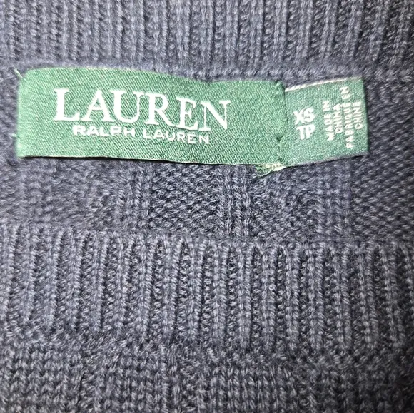 Lauren Ralph Lauren Navy Bishop Sleeve Boat Neck Cable Knit Sweater Size XS