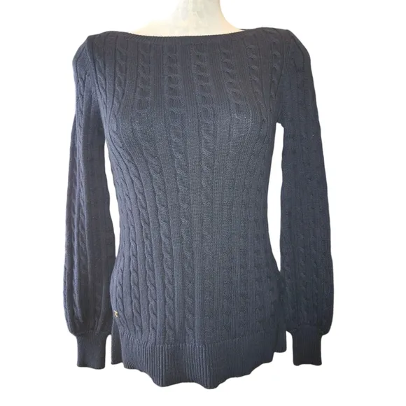 Lauren Ralph Lauren Navy Bishop Sleeve Boat Neck Cable Knit Sweater Size XS