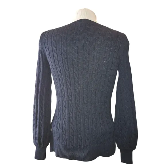Lauren Ralph Lauren Navy Bishop Sleeve Boat Neck Cable Knit Sweater Size XS