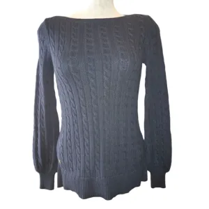 Lauren Ralph Lauren Navy Bishop Sleeve Boat Neck Cable Knit Sweater Size XS