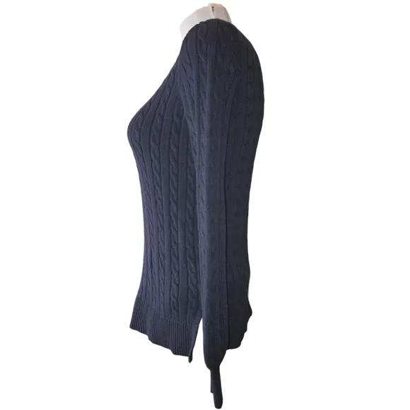 Lauren Ralph Lauren Navy Bishop Sleeve Boat Neck Cable Knit Sweater Size XS