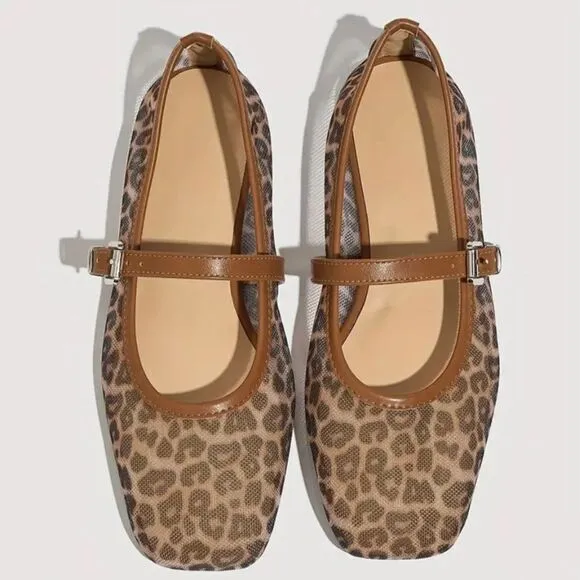 Leopard Print Mesh Mary Jane Flats