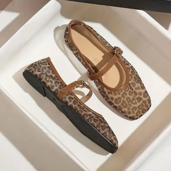 Leopard Print Mesh Mary Jane Flats