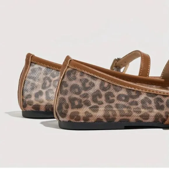 Leopard Print Mesh Mary Jane Flats