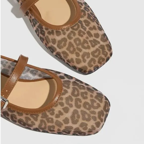 Leopard Print Mesh Mary Jane Flats