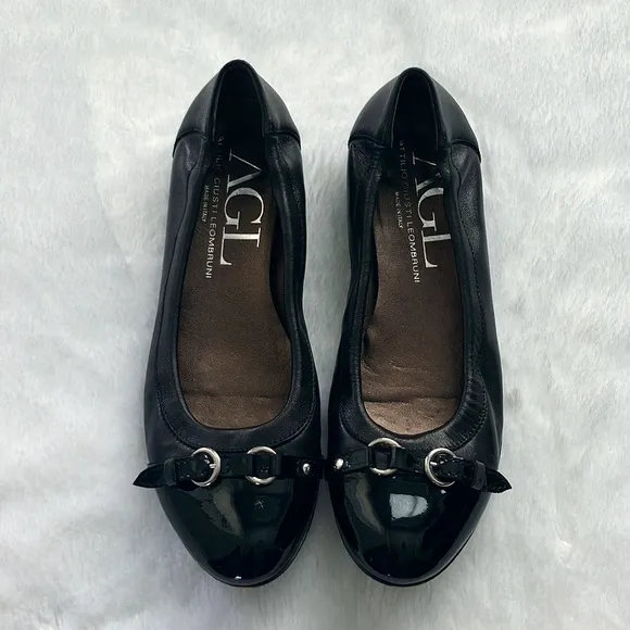 Like New AGL Black Leather Monika Cap Toe Ballet Flats