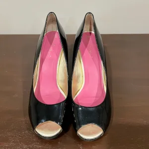 Lilly Pulitzer Black Patent Leather Glitter Peep Toe Wedges