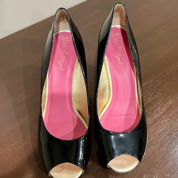 Lilly Pulitzer Black Patent Leather Glitter Peep Toe Wedges