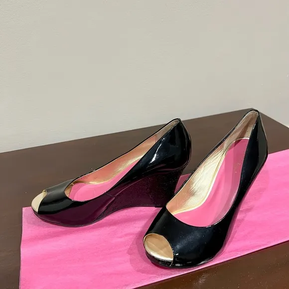 Lilly Pulitzer Black Patent Leather Glitter Peep Toe Wedges