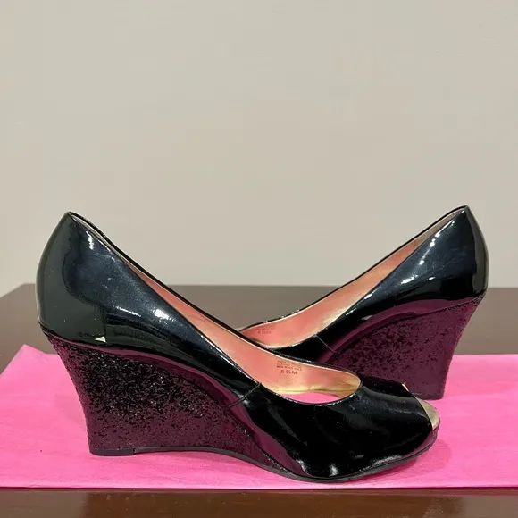 Lilly Pulitzer Black Patent Leather Glitter Peep Toe Wedges
