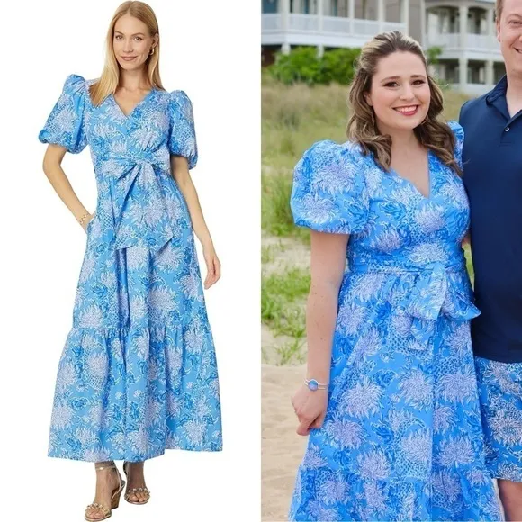 LILLY PULITZER Floral Cotton Puffed Short Sleeve Ruffle Flounce Hem Maxi Dress 8