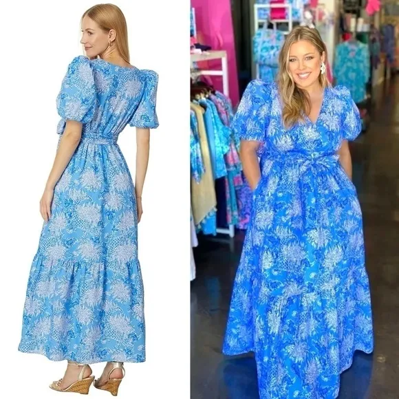 LILLY PULITZER Floral Cotton Puffed Short Sleeve Ruffle Flounce Hem Maxi Dress 8