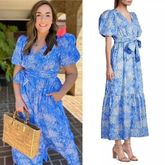 LILLY PULITZER Floral Cotton Puffed Short Sleeve Ruffle Flounce Hem Maxi Dress 8