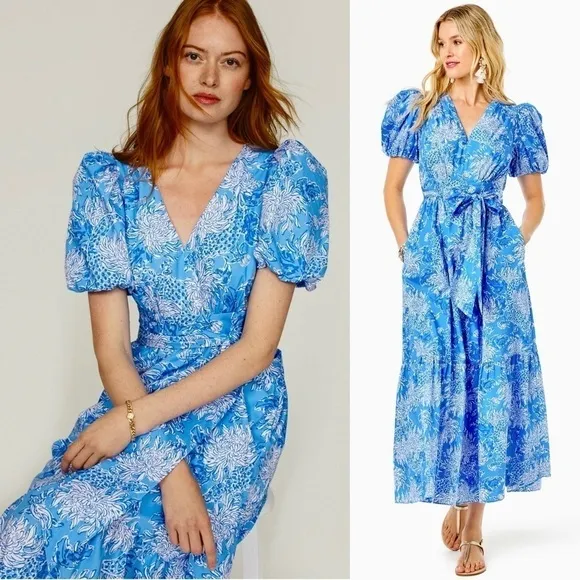 LILLY PULITZER Floral Cotton Puffed Short Sleeve Ruffle Flounce Hem Maxi Dress 8