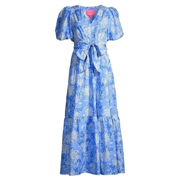 LILLY PULITZER Floral Cotton Puffed Short Sleeve Ruffle Flounce Hem Maxi Dress 8