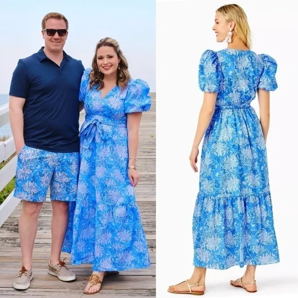 LILLY PULITZER Floral Cotton Puffed Short Sleeve Ruffle Flounce Hem Maxi Dress 8