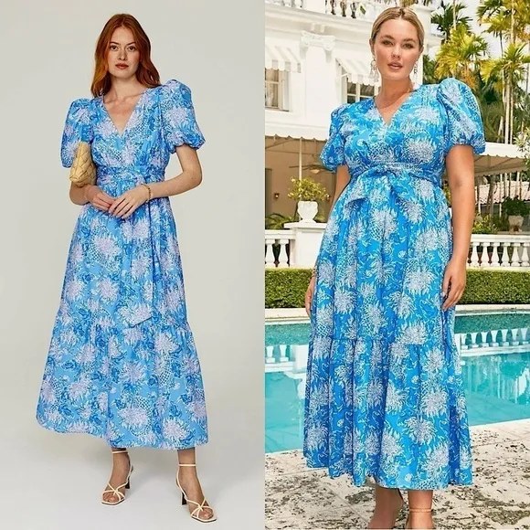 LILLY PULITZER Floral Cotton Puffed Short Sleeve Ruffle Flounce Hem Maxi Dress 8